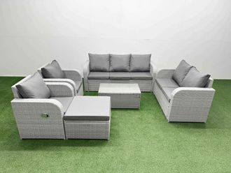Fimous PE Rattan Garden Furniture Set Adjustable Chair Sofa Double Love Seat 2 Seater Sofa Lounge Set Oblong Coffee Table Big Footstool Light Grey
