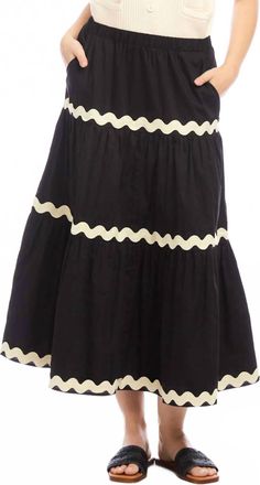 Karen Kane Ric-Rac Trim Tiered Midi Skirt In Black With Natural