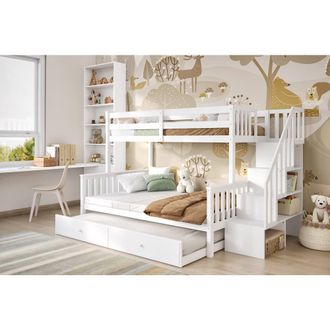 Flair Tag Triple Staircase Bunk Bed with Trundle in White | Size: Double