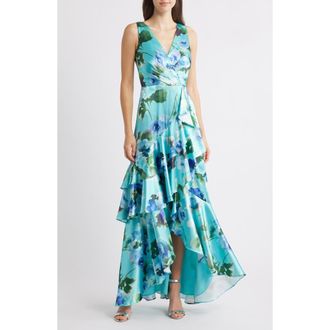 Eliza J Social Tiered Satin High-Low Cocktail Dress in Aqua at Nordstrom, Size 16
