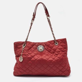 DKNY Dkny Red Quilted Nylon And Leather Logo Chain Tote