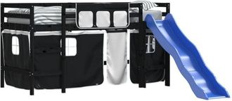 vidaXL Cama Alta Ni&ntilde;os Con Cortinas Madera Pino Blanco Negro 80x200 Cm Vidaxl