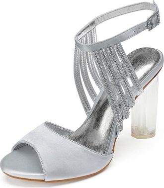 Generic Satin Wedding Bridal Shoes Womens Chunky Heels Open Toe Ankle Strap Heeled Evening Party Dress High Sandals 10.5Cm,Silver,8 UK