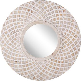 Beliani Beliani - Round Wall Mirror Light Wood Frame 60 cm Geometric Quatrefoil Pattern Pomaro