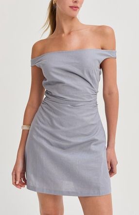 Crescent Off Shoulder Side Ruched Linen Mini Dress in Light Blue at Nordstrom, Size Medium