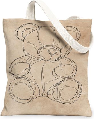 Generic Minimalistic Bear Canvas Tote Bags, Vintage Style Lightweight Washable Reusable Grocery Bags for Travel Beach Picnic, Beige, 13x15 Inch