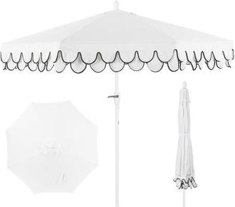 Jonathan Y Designs Tracy 9 ft. Classic MidCentury Scalloped Fringe Market Patio Umbrella with Auto-Tilt, Crank, Wind Vent and UV Protection in White at