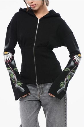 MACCAPANI Fleeced Cotton Sweatshirt with Floral Patterned Sleeves size M