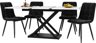 STILVORA Conjunto De Mesa Y Sillas Con 1 Mesa Extensible Y 4 Sillas De Comedor, Mdf, Metal Y Terciopelo, Blanco Y Negro