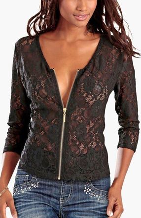 Lascana Womens Floral Lace Zip Jacket in Black at Nordstrom, Size 22