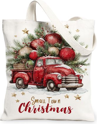 Generic Christmas Truck Canvas Tote Bags, Rustic Holiday Pattern Reusable Grocery Bags, Winter Lightweight Washable Shoulder Strap, White, 13x15 Inch