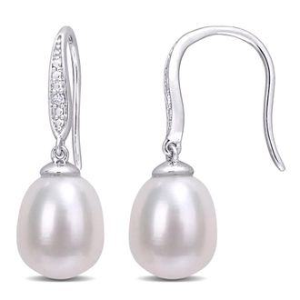 Amour 8.5-9mm Freshwater Cultured Pearl and Diamond Accent Shepherd Hook Earrings In Sterling Silver