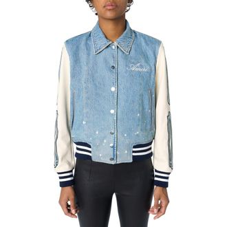 Amiri Bones Mixed Media Varsity Jacket in Alabaster Bleach Destroy at Nordstrom Rack, Size Medium