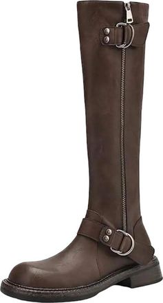Generic Womens Split Leather Round Toe Thick Low Heel Equestrian Boots With Metal Buckle Warm Thigh High Boots