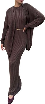 Generic Women Cardigan Knitted Suit Dress Slimming Ribbed Dresses Set with Belt Fall Winter Crewneck 2 Piece Sweater Frock (Coffee,L)