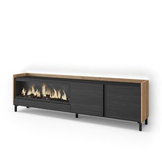 Skraut Home Mueble tv efecto madera negro roble 212x35x61cm chimenea efecto fuego