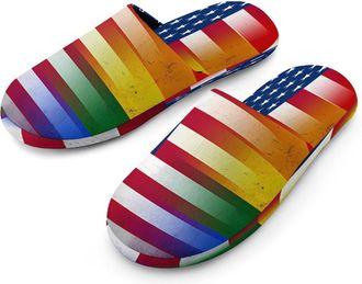 Generic U.S. Gay Flag Mens Cotton Slippers Memory Foam Comfort House Shoes Winter Indoor Slipper for Hotel Casa Spa