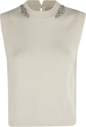 Semicouture Suikerkleurige Rhinestone Vest met Mouw - Dames - Ronde hals truien - Wit - M - Truien & Vesten