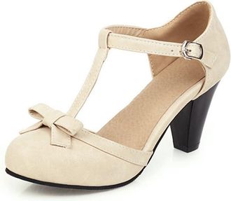 Generic Womens Cute Bow Closed Round Toe T-Strap Mary Janes Chunky Heel Pumps for Party and Casual (5.5,Beige)