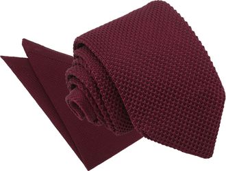 DQT Knit Knitted Plain Casual Modern Slim Neck Tie & Pocket Square Set for Men in Cabernet Red