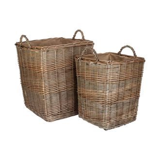 Red Hamper Set of 2 Tall Square Lined Wicker Log Basket With Hessian Lining in Brown