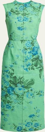 Erdem Sleeveless Floral-Print Linen Midi Dress
