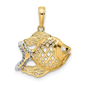 Diamond2Deal 14k Yellow Gold and White Rhodium Diamond-Cut Fish Pendant