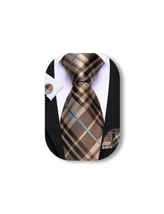 Barry.Wang Men Brown Plaid Ties Silk Checkered Necktie Set Handkerchief Cufflinks Wedding Business