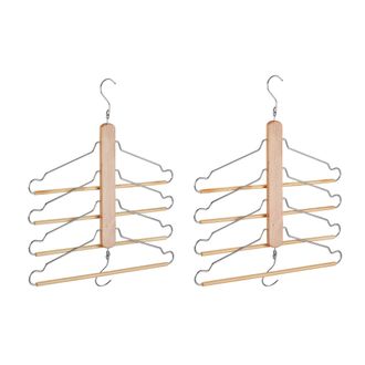 Relaxdays Perchas M&uacute;ltiples, 4 En 1, Ahorra Espacio, Set De 2, Barra Pantalones, Madera Loto Y Metal, Natural Y Plateado - Relaxdays