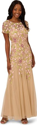 Adrianna Papell Womens Vine Bead Mesh Long Dress - Nude - Size 14 UK