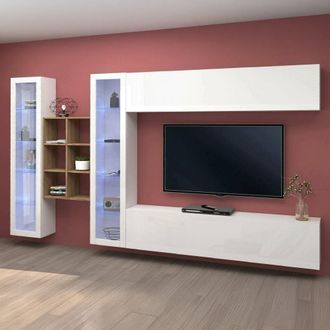 Dmora Pared Equipada Dcaprin, Conjunto De Sal&oacute;n Mueble Tv Con 4 Puertas, Mueble De Sal&oacute;n Polivalente, 100% Made In Italy, Cm 280x30h180, Blanco Brillo Y Arc