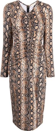 Michael Kors snakeskin-print ruched midi dress - women - Viscose/Elastane - S - Brown