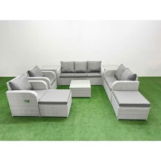 Fimous Pe Rattan Garden Furniture Set Adjustable Chair Sofa Double Love Seat 2 Seater Sofa Lounge Set Square Coffee Table 2 Big Footstool Light Grey - Fimous