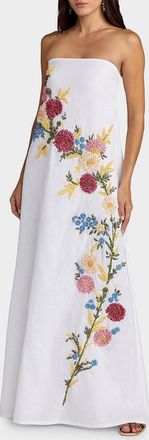Mac Duggal Floral Embroidered Linen Strapless Trapeze Gown