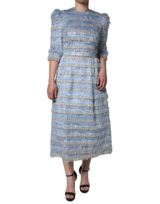 Dolce & Gabbana Womens Metallic Striped Fringed Midi Dress - Light Blue Nylon - Size EU 40 (Womens)