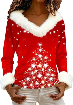 Generic Christmas Sweatshirts for Women Faux Fur Trim Plush V Neck Funny Xmas Tops Novelty Santa Claus Wine Glass Graphic Pullover Shirt (Z05-Xmas 08, XXL)