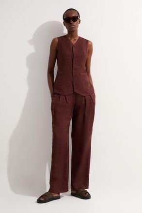 Karen Millen Womens Viscose Linen Pleat And Pocket Detail Woven Straight Leg Trouser - Chocolate - Size 16 UK