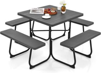Costway Conjunto De Mesa De Camping Con Banco, 8 Personas, Mesa Camping Cuadrado Con 4 Bancos,hdpe, Orificio Para Sombrilla, Mesa Y Sillas Jardin Patio Terraz