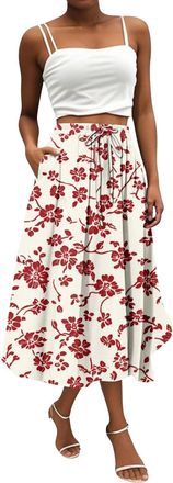 Generic Womens Skirts UK, Womens Flowy Elastic High Waist Skirts Summer Boho Floral Pattern Print Casual A Line Midi Skirt with Pockets for Beach Holiday Trav