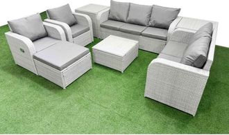 Fimous Pe Rattan Garden Furniture Set Adjustable Chair Sofa Double Love Seat 2 Seater Sofa Lounge Set Square Coffee Table Big Footstool 2 Side Table Light