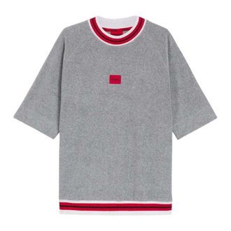 HUGO BOSS Heren Sweatshirt met Contrast Boorden Relaxed Fit met Korte Mouwen (Grijs)