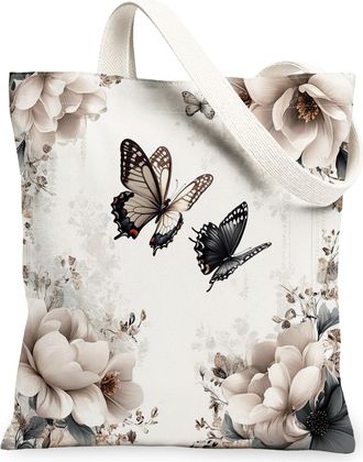 Generic Spring Magnolia Flower Canvas Tote Bag for Shopping 13x15, Aesthetic Retro Butterflies Reusable Grocery Print Bag for Women, Vintage Beach Aesthetic P