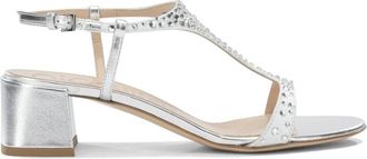 Ninalilou Sandalen met T-band en Blokhak met Versieringen - Dames - Sandalen met hakken - Grijs - 36 EU - Leer - Schoenen