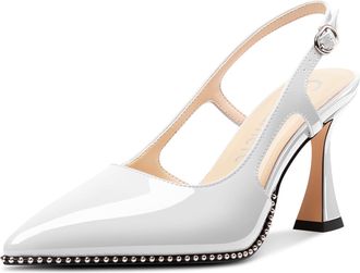 Castamere Womens Slingback Chunky High Heels Close Pointed Toe Dressy Pumps Wedding Party Shoes 9 CM Heels White 6.5 UK