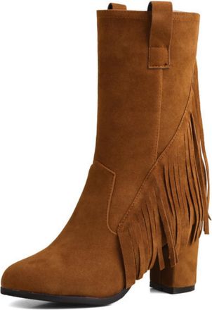 Generic Womens High Heeled Fringe Mid-Calf Boots Round Toe Faux Suede Retro Boot Pull on Wide-Calf Boots,Brown,11.5 UK