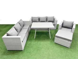 Fimous 8-seater Patio 3 Seater Sofa Armchair Set with Big Stool in Light Grey