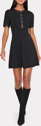 Milly Leather Detail Flare Knit Mini Dress In Black