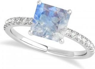 Allurez Princess Moonstone & Diamond Single Row Hidden Halo Engagement Ring 14k White Gold (0.81ct)