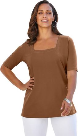 Jessica London Stretch Cotton Square Neck Tee in Cognac at Nordstrom, Size 40
