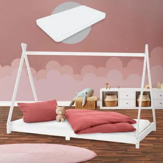 ML Design Ml-design - Cama Infantil Montessori En Forma De Tienda India De Madera De Pino Blanca Con Colch&oacute;n 90 X 200 X 16 Cm De Espuma Fr&iacute;a Hipoalerg&eacute;nico Estr